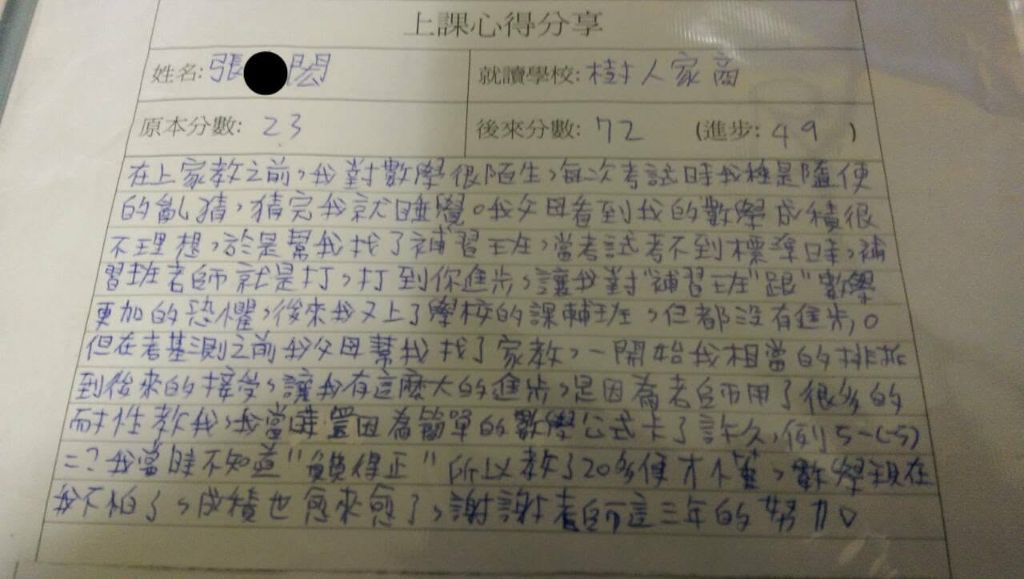 這位學生後來上了樹人家商，親筆寫下的上課心得：原本 23 分，後來 72 分，進步 49 分。
